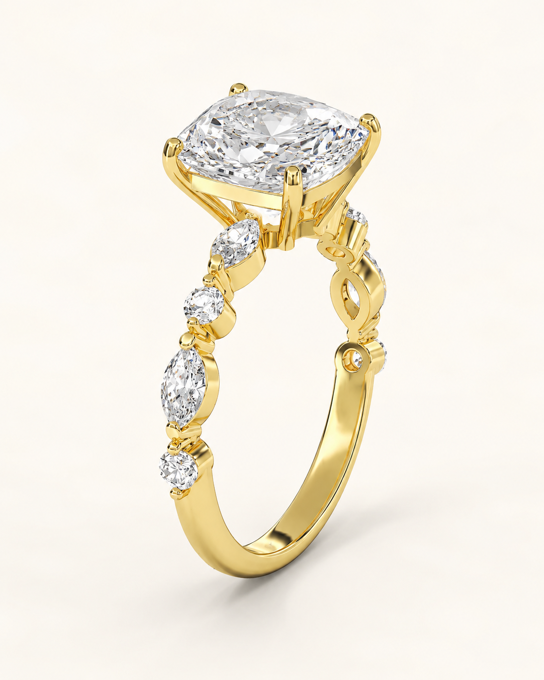 Elmivra Marquise Side Stone Cushion lab-grown diamond ring in 18K Yellow Gold angle