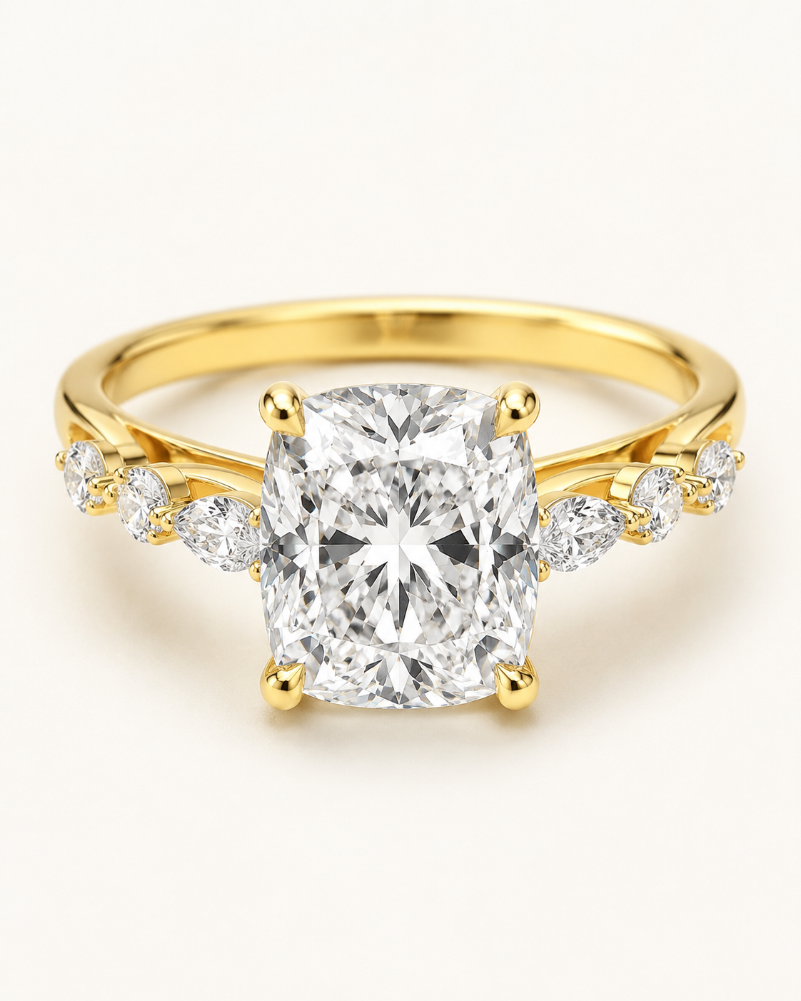 Elmivra Marquise Side Stone Cushion lab-grown diamond ring in 18K Yellow Gold closeup