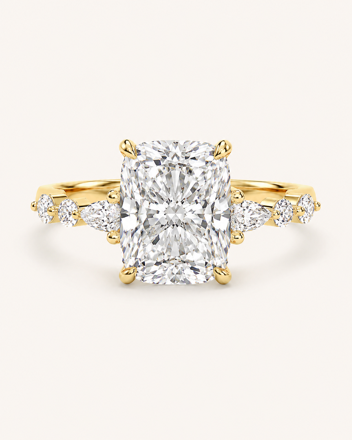 Elmivra Marquise Side Stone Cushion lab-grown diamond ring in 18K Yellow Gold front