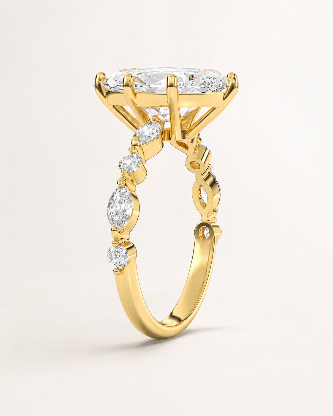 Elmivra Marquise Side Stone Cushion lab-grown diamond ring in 18K Yellow Gold side