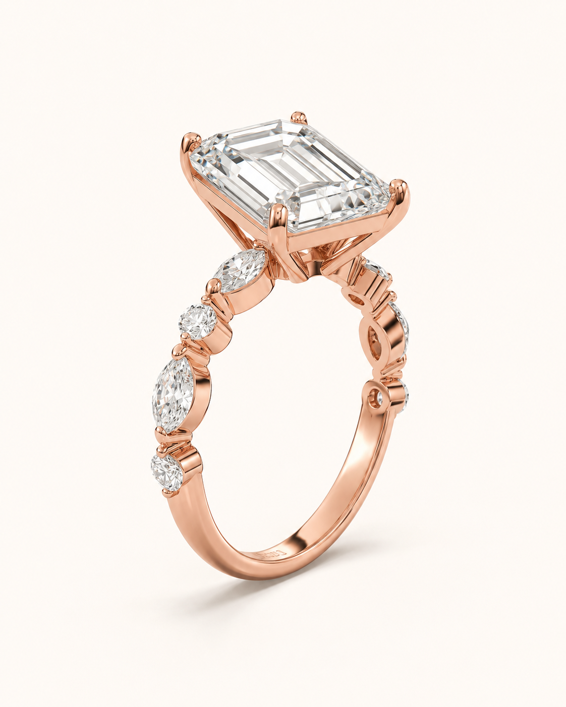 Elmivra Marquise Side Stone Emerald lab-grown diamond ring in 18K Rose Gold angle