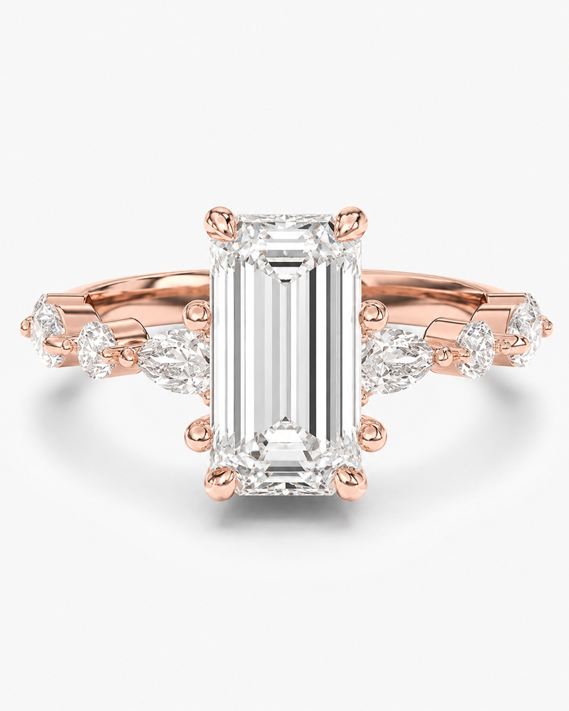 Elmivra Marquise Side Stone Emerald lab-grown diamond ring in 18K Rose Gold closeup