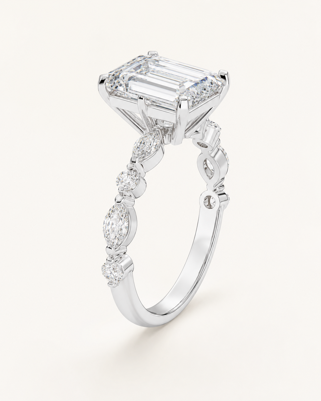 Elmivra Marquise Side Stone Emerald lab-grown diamond ring in 18K White Gold angle
