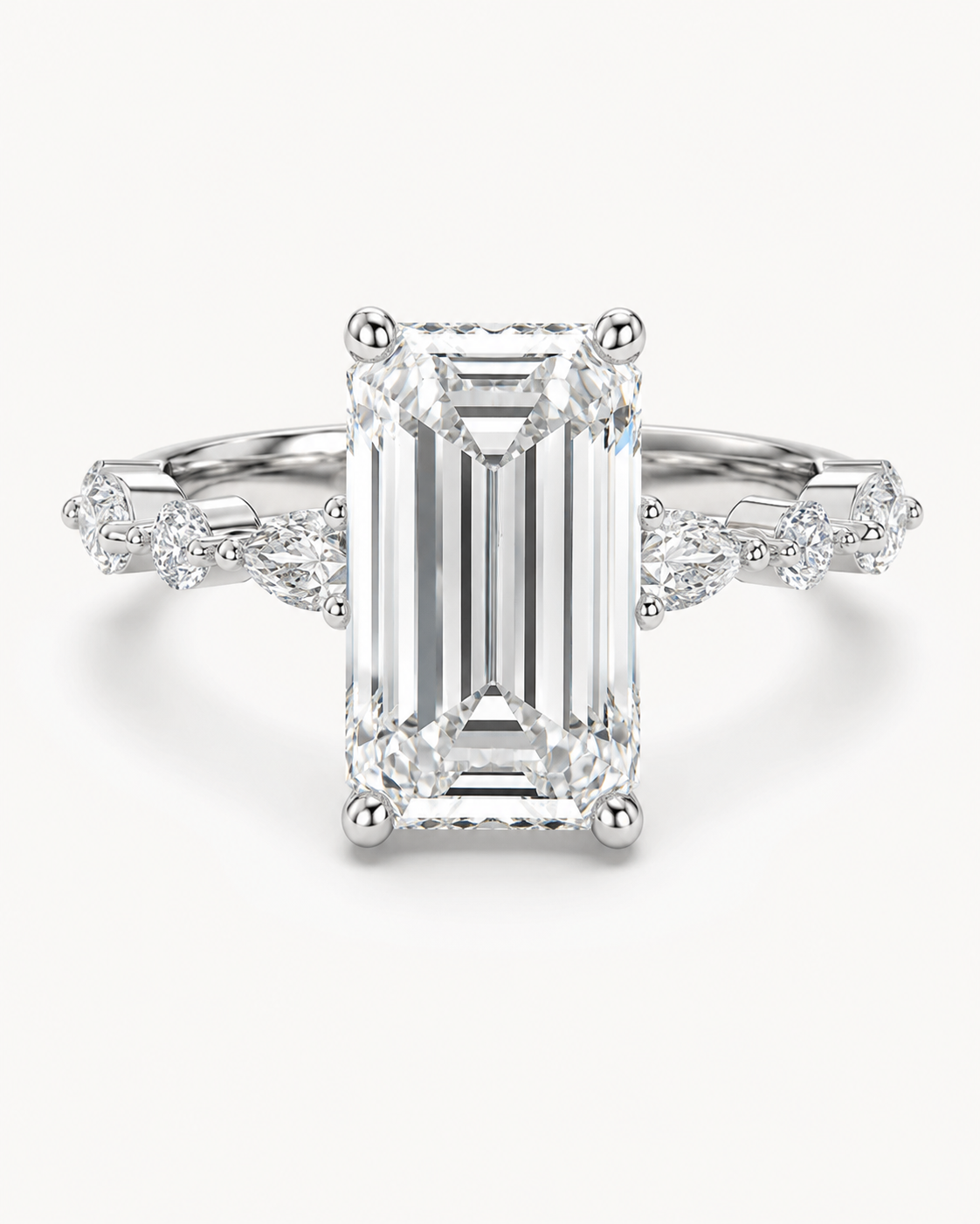 Elmivra Marquise Side Stone Emerald lab-grown diamond ring in 18K White Gold closeup