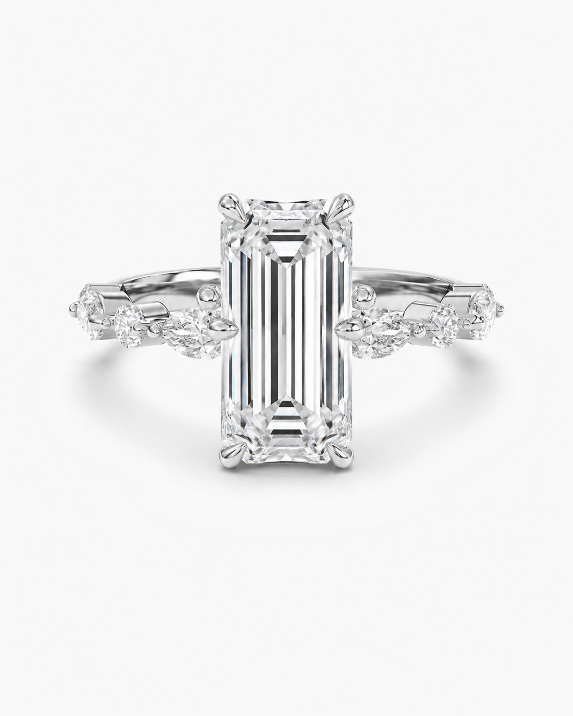 Elmivra Marquise Side Stone Emerald lab-grown diamond ring in 18K White Gold front