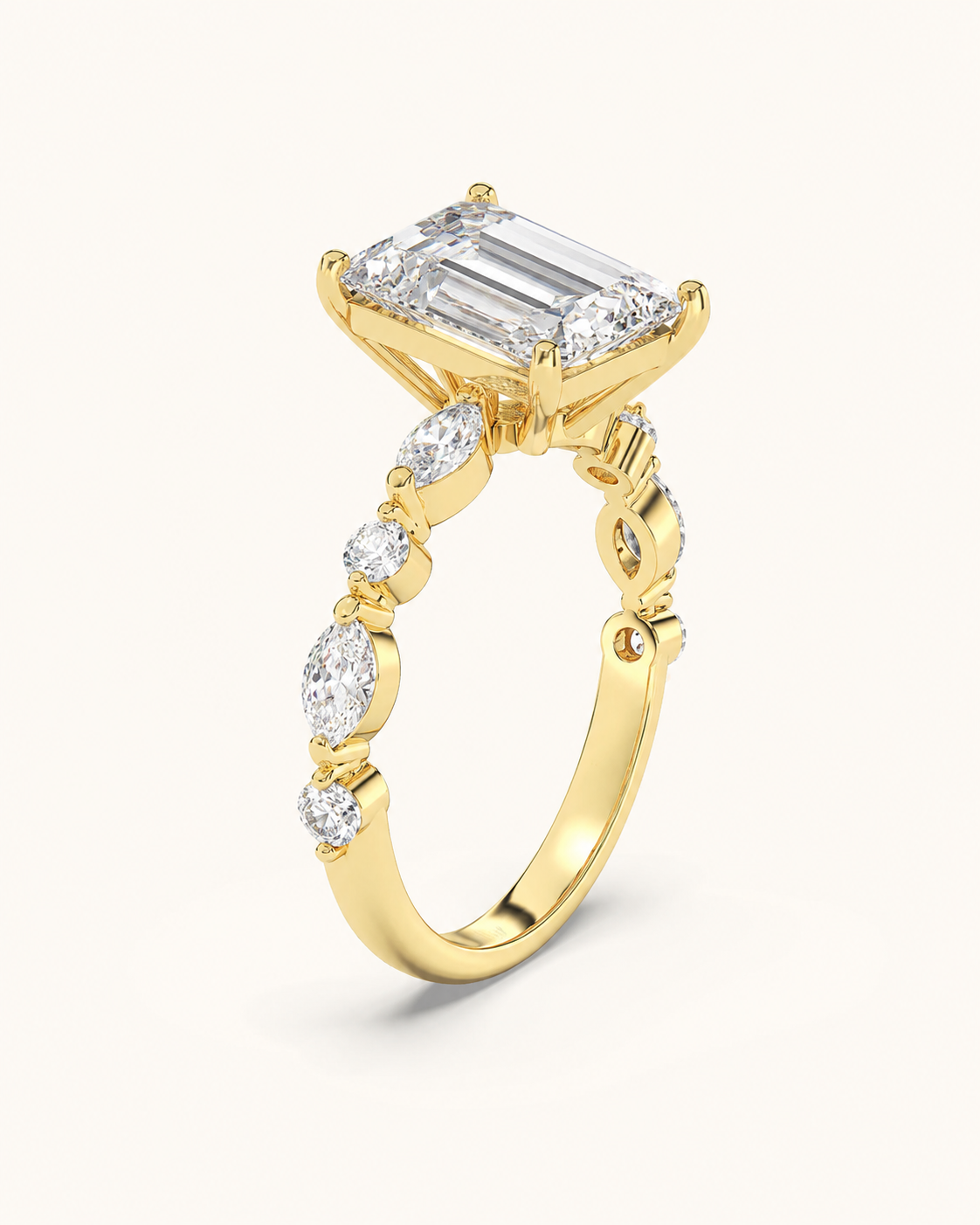 Elmivra Marquise Side Stone Emerald lab-grown diamond ring in 18K Yellow Gold angle