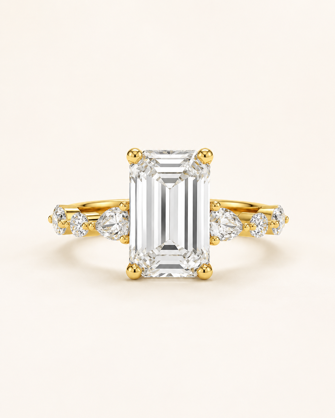 Elmivra Marquise Side Stone Emerald lab-grown diamond ring in 18K Yellow Gold front