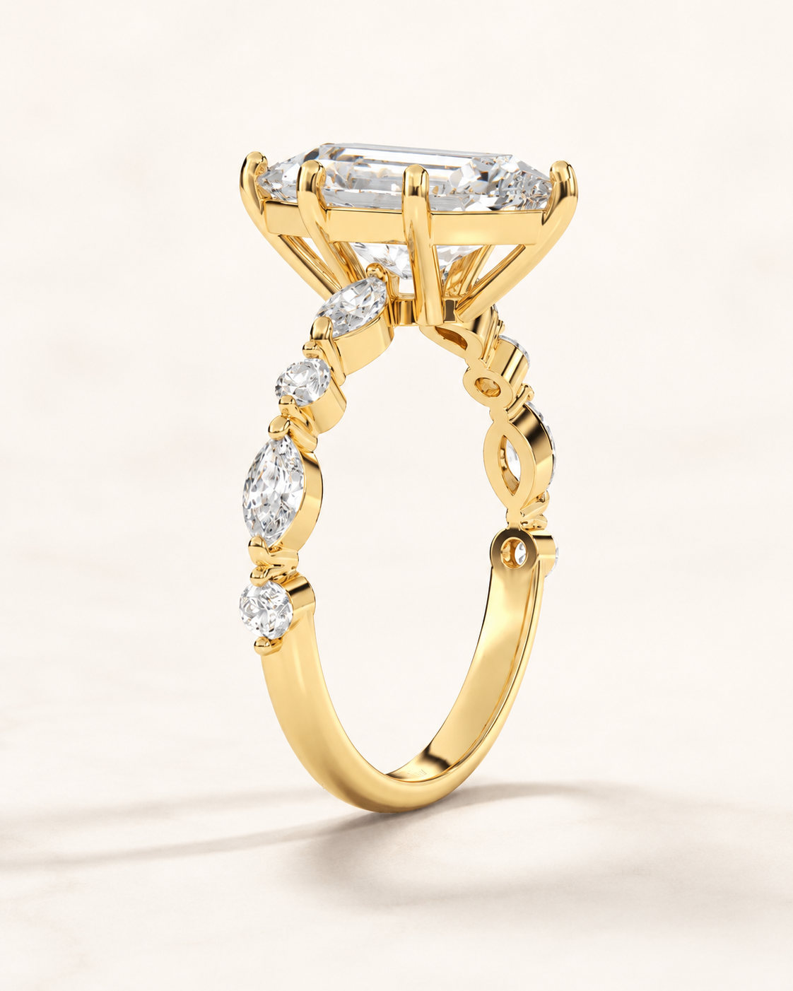 Elmivra Marquise Side Stone Emerald lab-grown diamond ring in 18K Yellow Gold side