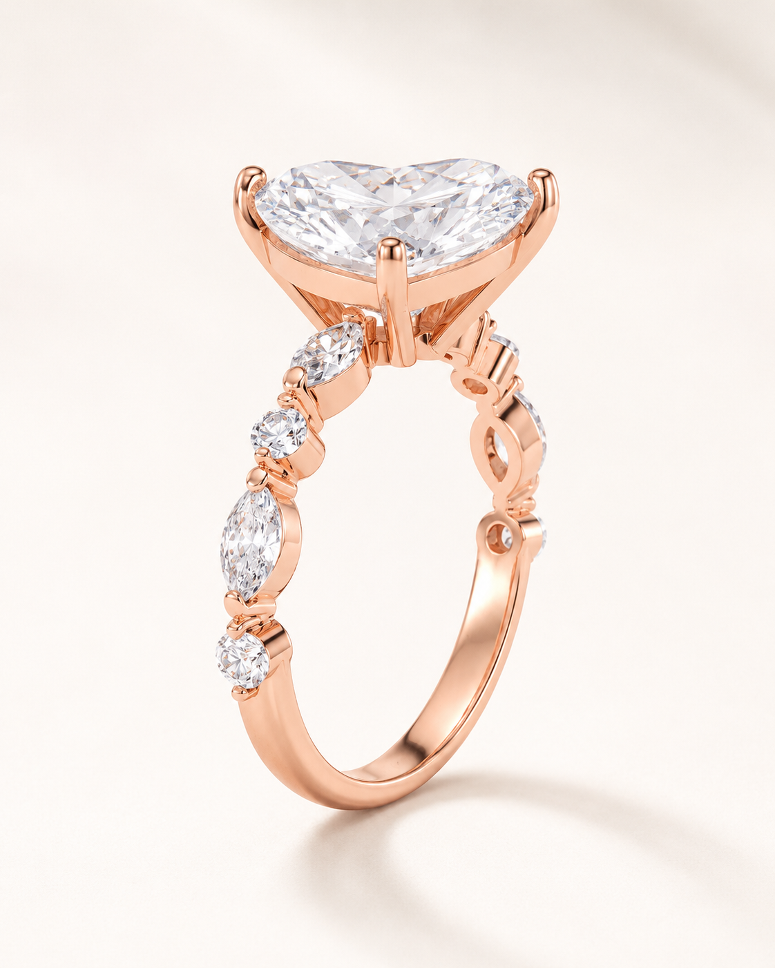 Elmivra Marquise Side Stone Heart lab-grown diamond ring in 18K Rose Gold angle