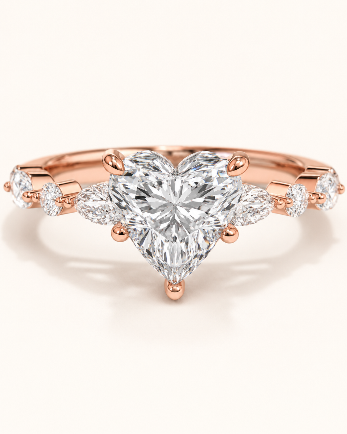 Elmivra Marquise Side Stone Heart lab-grown diamond ring in 18K Rose Gold closeup