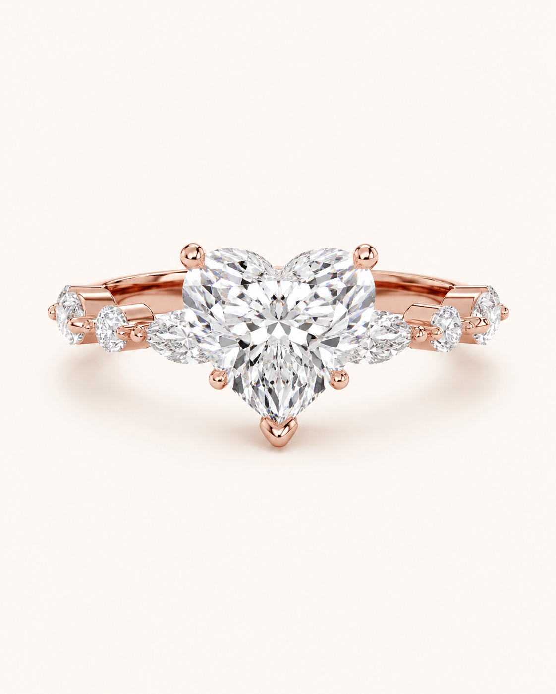 Elmivra Marquise Side Stone Heart lab-grown diamond ring in 18K Rose Gold front