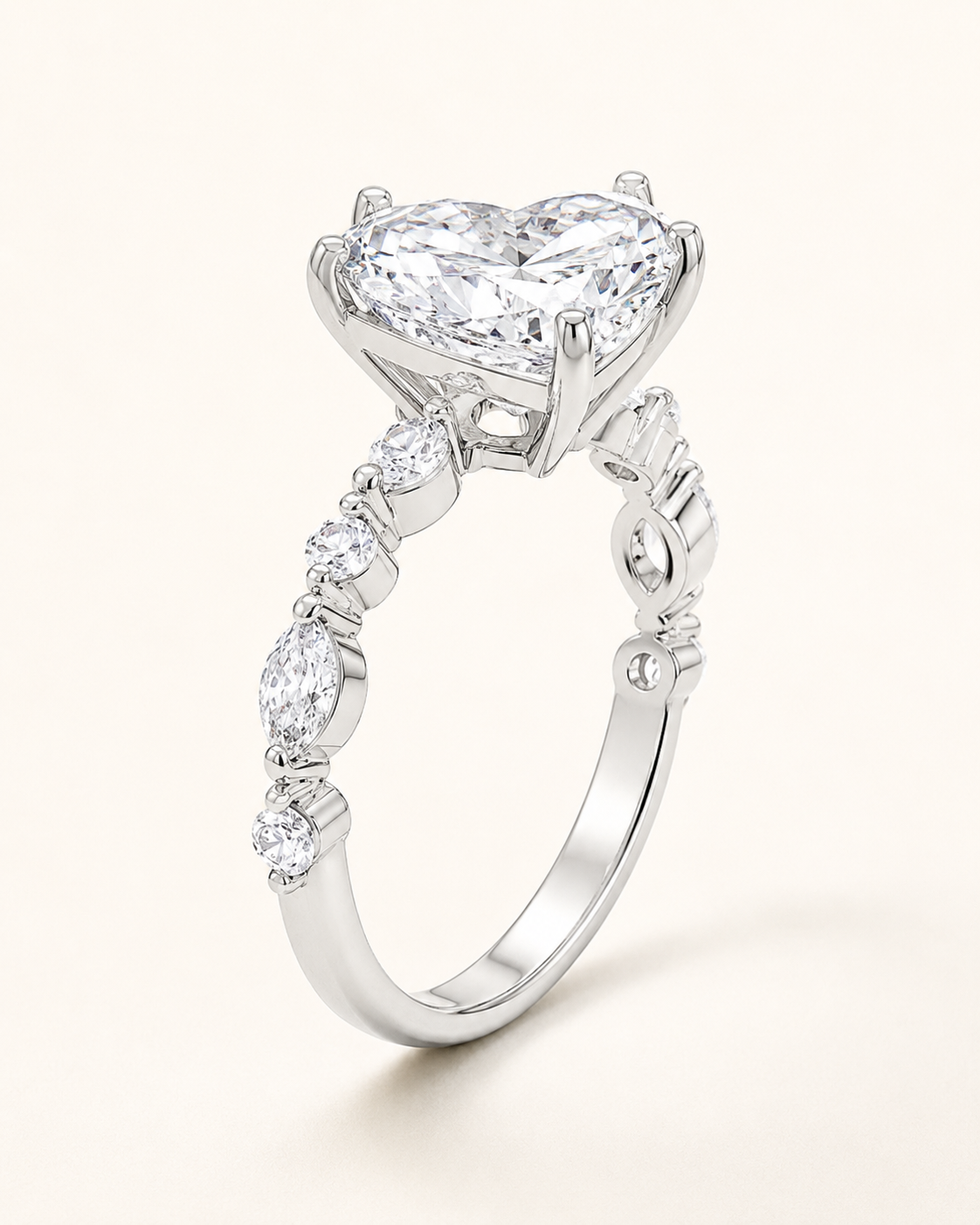 Elmivra Marquise Side Stone Heart lab-grown diamond ring in 18K White Gold angle