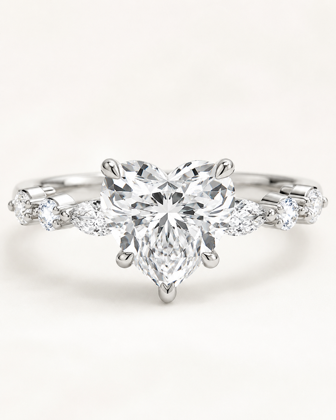 Elmivra Marquise Side Stone Heart lab-grown diamond ring in 18K White Gold closeup