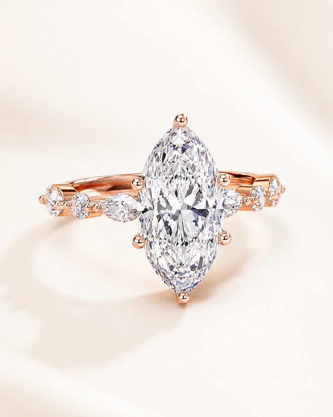 Elmivra Marquise Side Stone Marquise lab-grown diamond ring in 18K Rose Gold angle