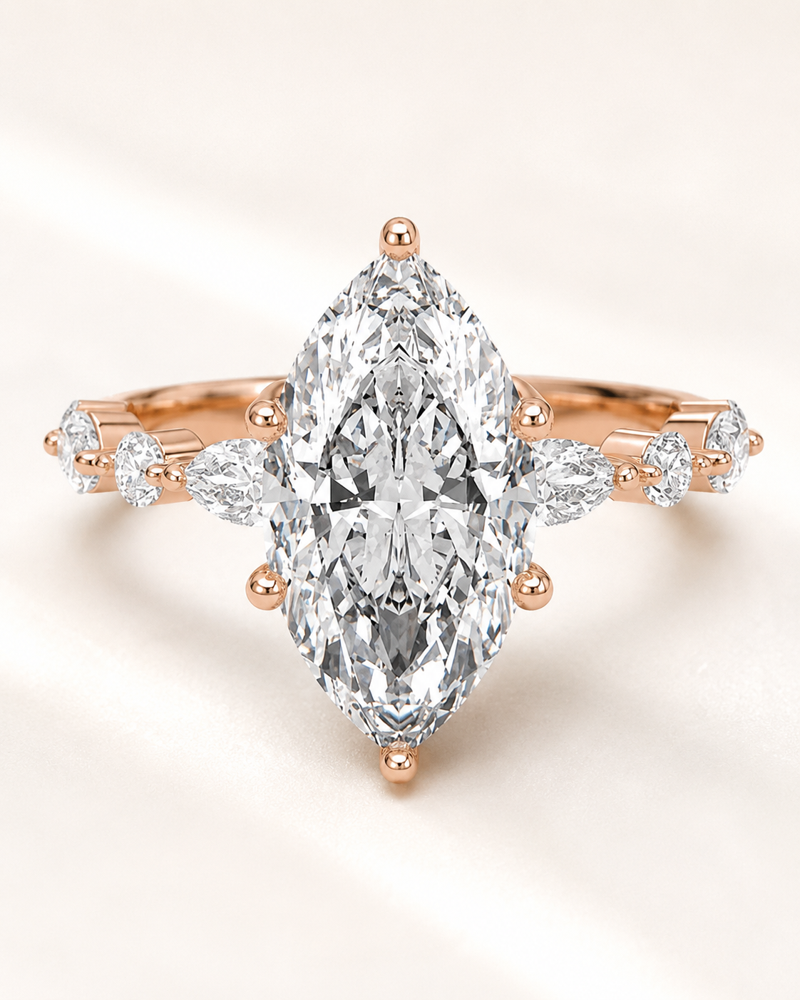 Elmivra Marquise Side Stone Marquise lab-grown diamond ring in 18K Rose Gold closeup