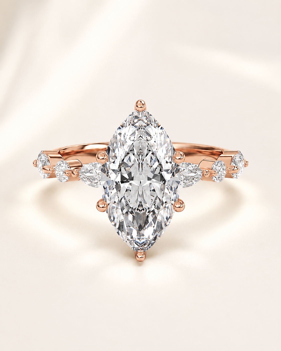 Elmivra Marquise Side Stone Marquise lab-grown diamond ring in 18K Rose Gold front