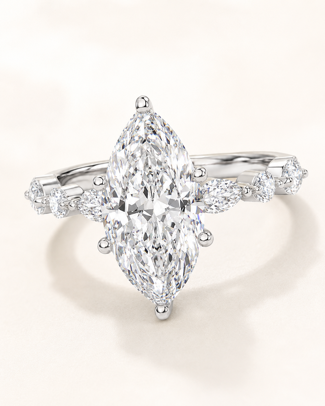 Elmivra Marquise Side Stone Marquise lab-grown diamond ring in 18K White Gold closeup