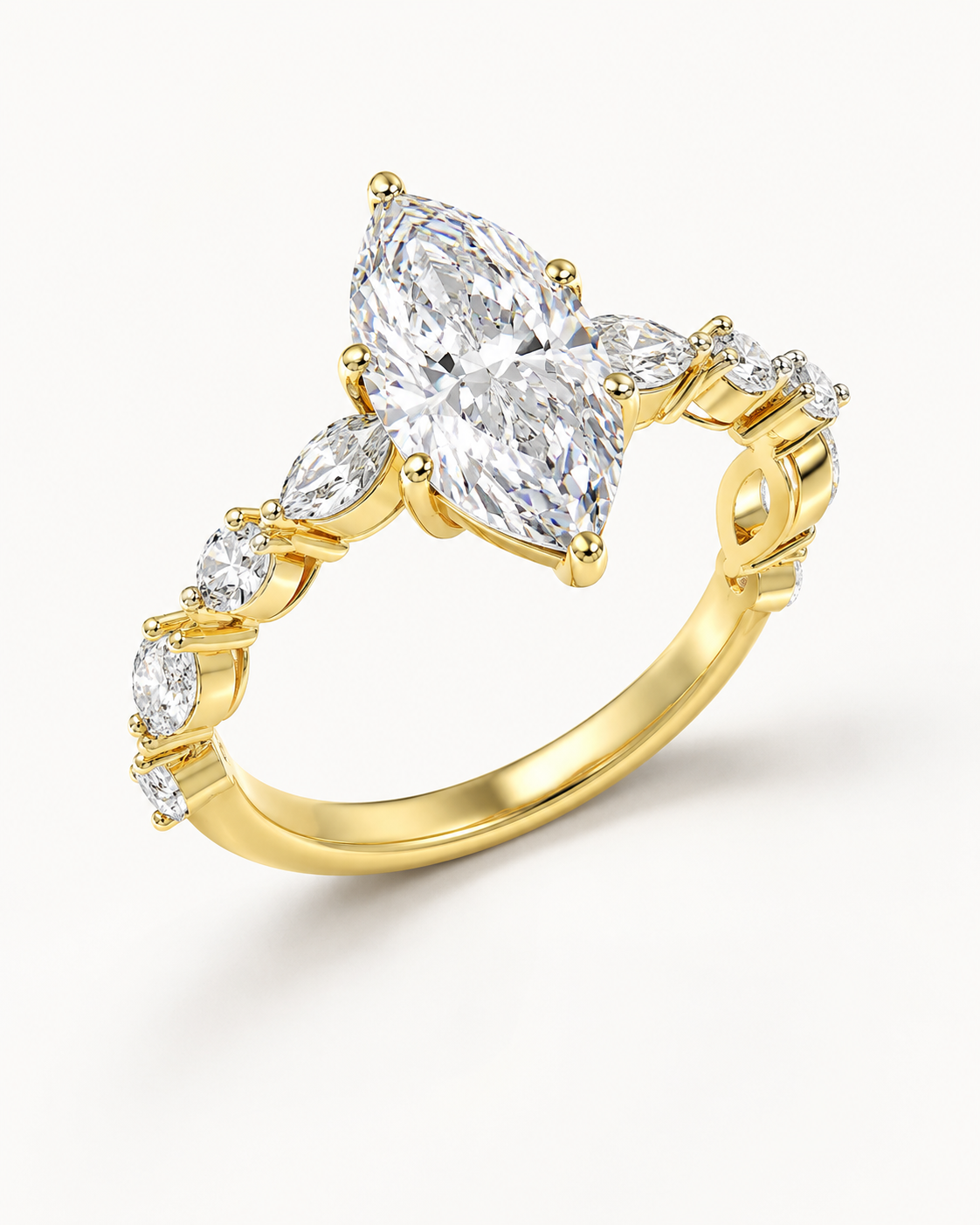 Elmivra Marquise Side Stone Marquise lab-grown diamond ring in 18K Yellow Gold angle