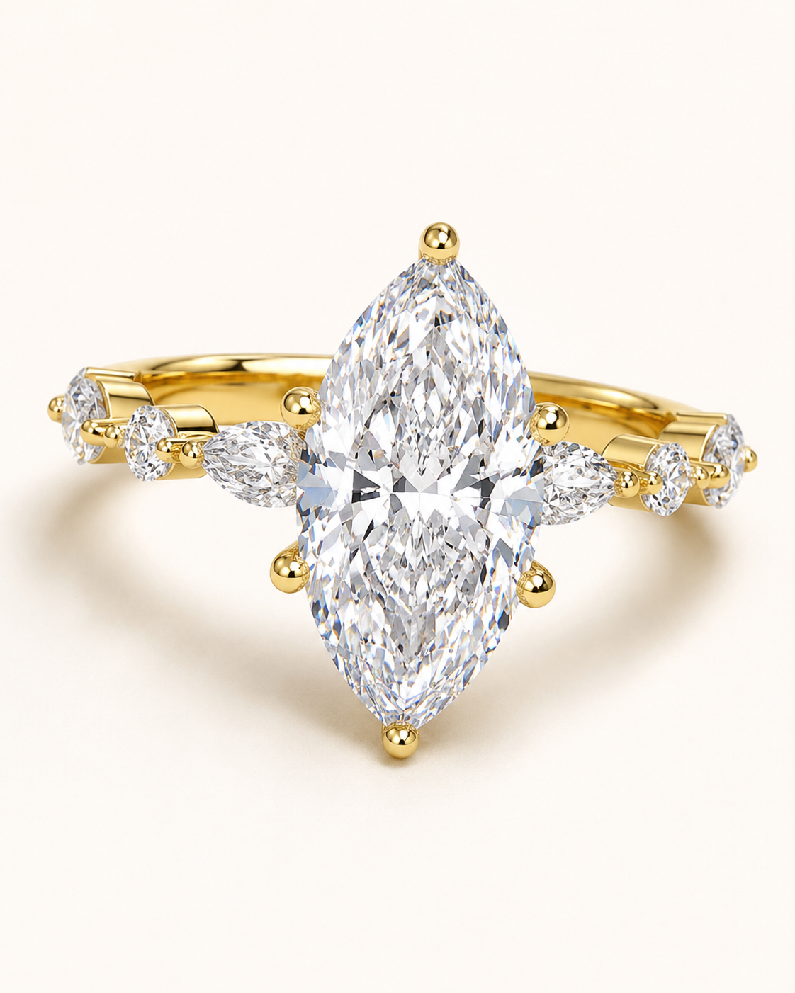 Elmivra Marquise Side Stone Marquise lab-grown diamond ring in 18K Yellow Gold closeup