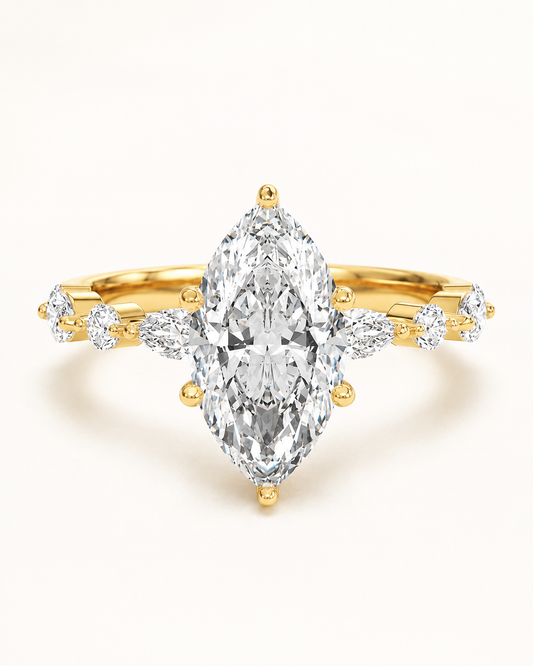 Elmivra Marquise Side Stone Marquise lab-grown diamond ring in 18K Yellow Gold front