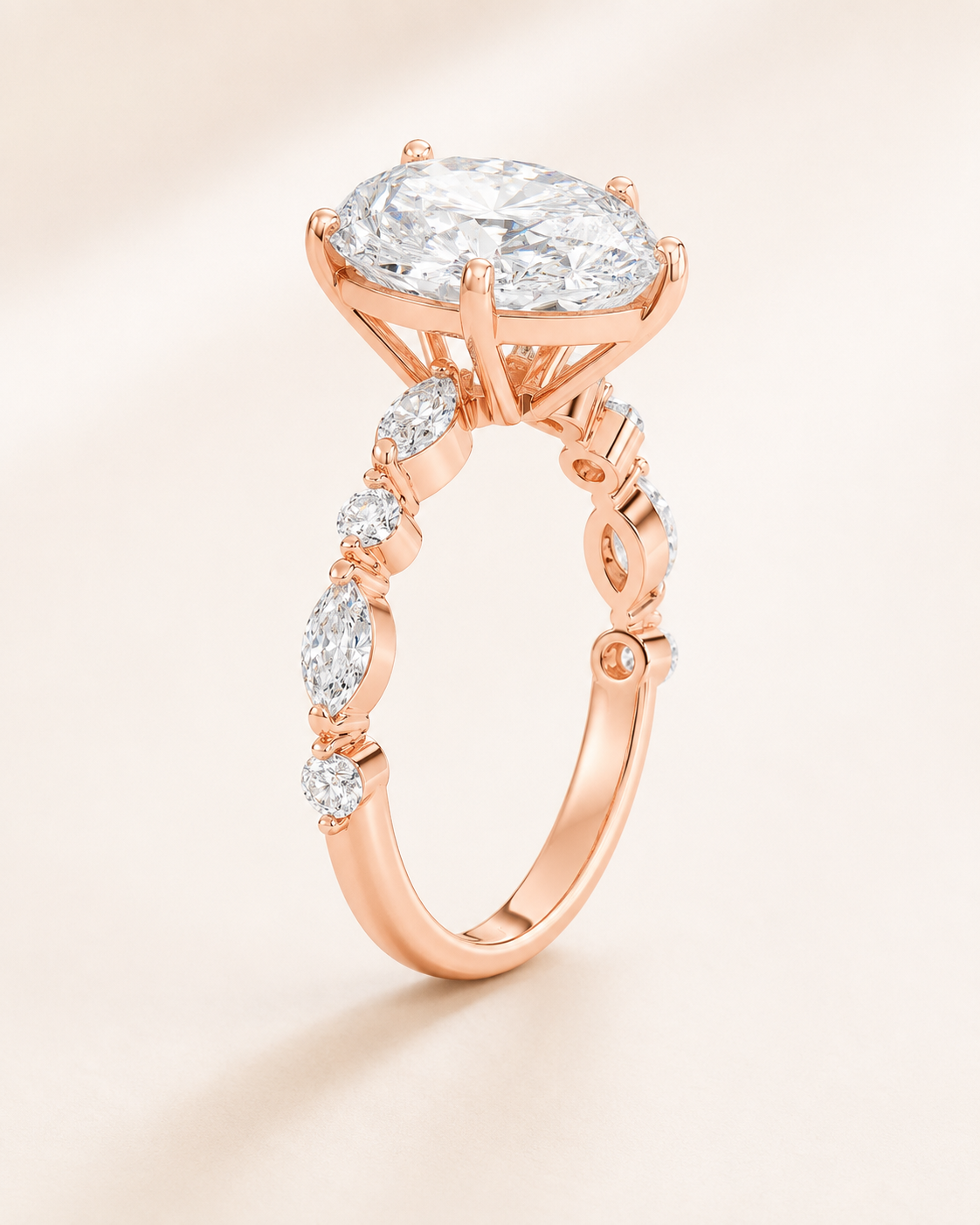 Elmivra Marquise Side Stone Oval lab-grown diamond ring in 18K Rose Gold angle