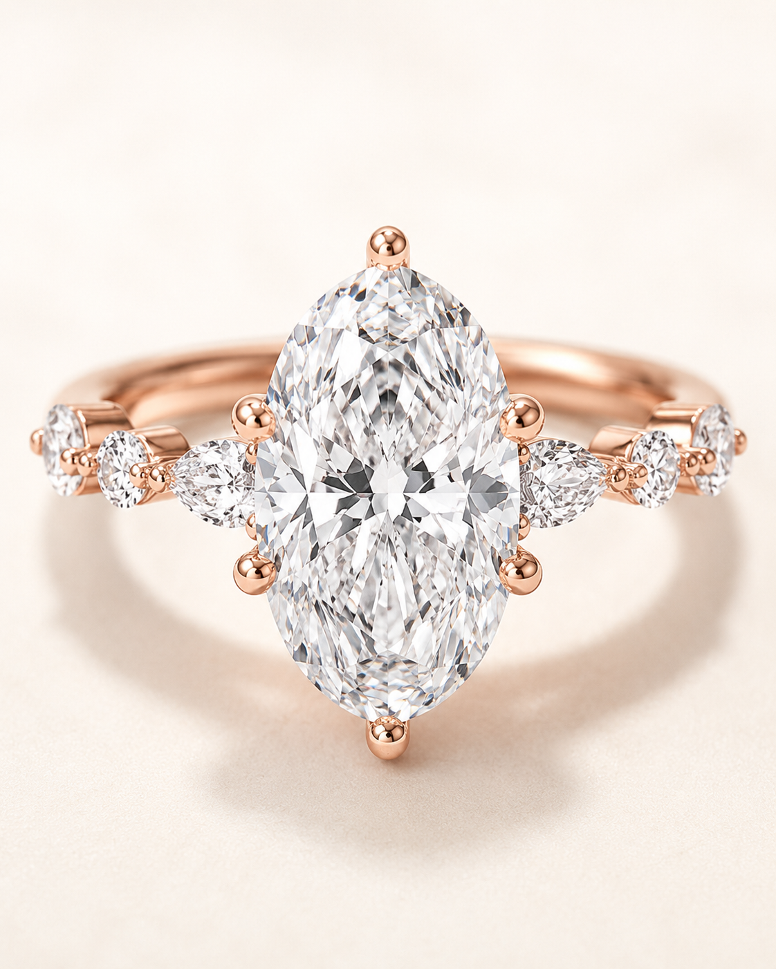 Elmivra Marquise Side Stone Oval lab-grown diamond ring in 18K Rose Gold closeup
