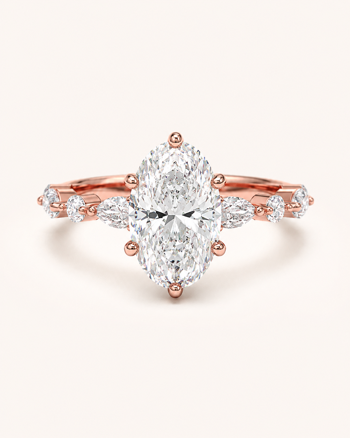Elmivra Marquise Side Stone Oval lab-grown diamond ring in 18K Rose Gold front