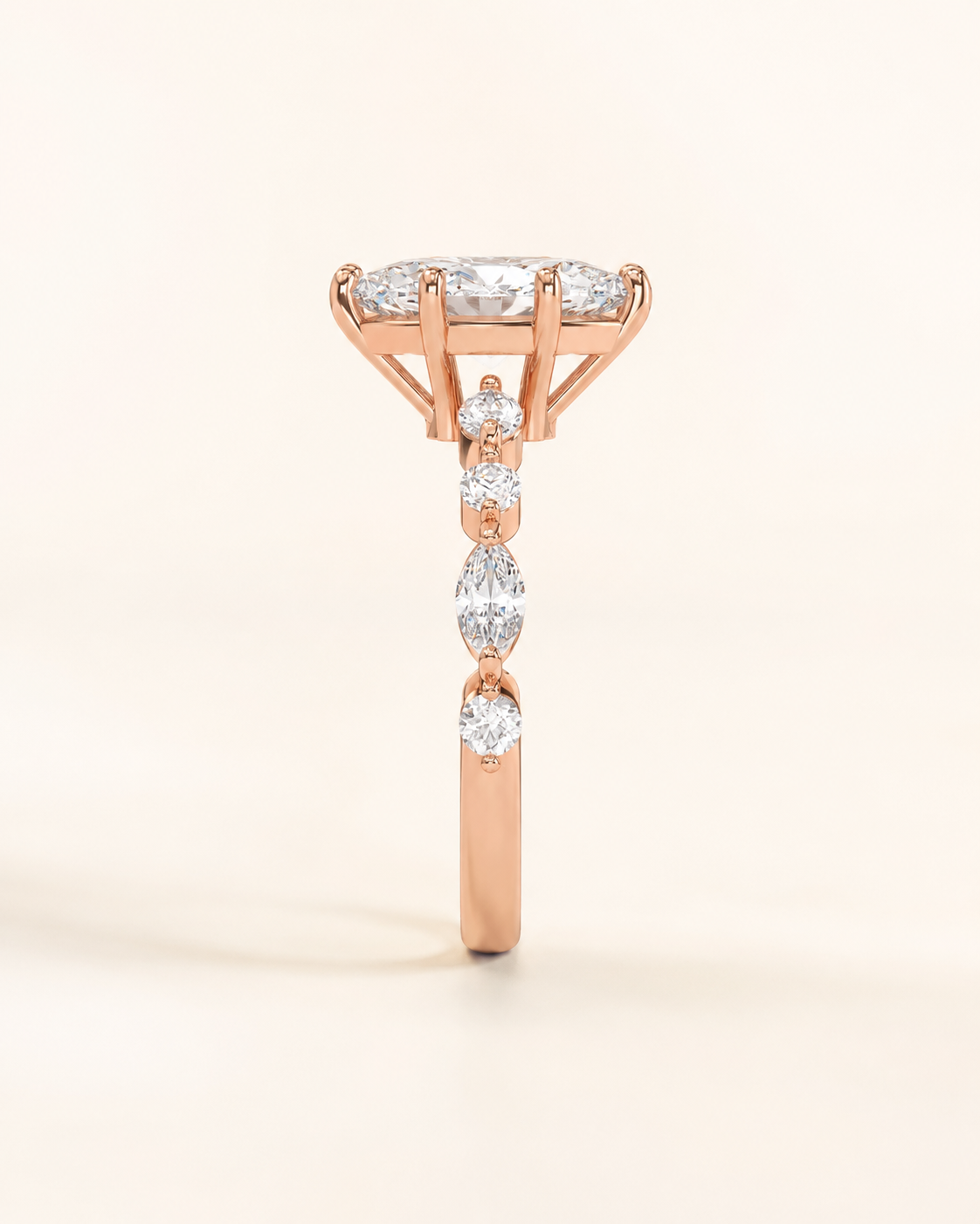 Elmivra Marquise Side Stone Oval lab-grown diamond ring in 18K Rose Gold side