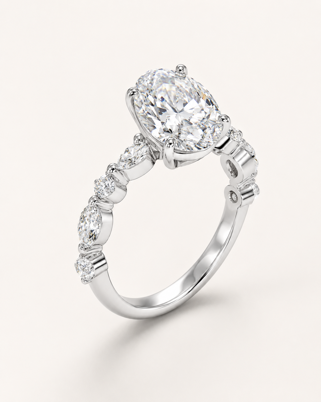 Elmivra Marquise Side Stone Oval lab-grown diamond ring in 18K White Gold angle