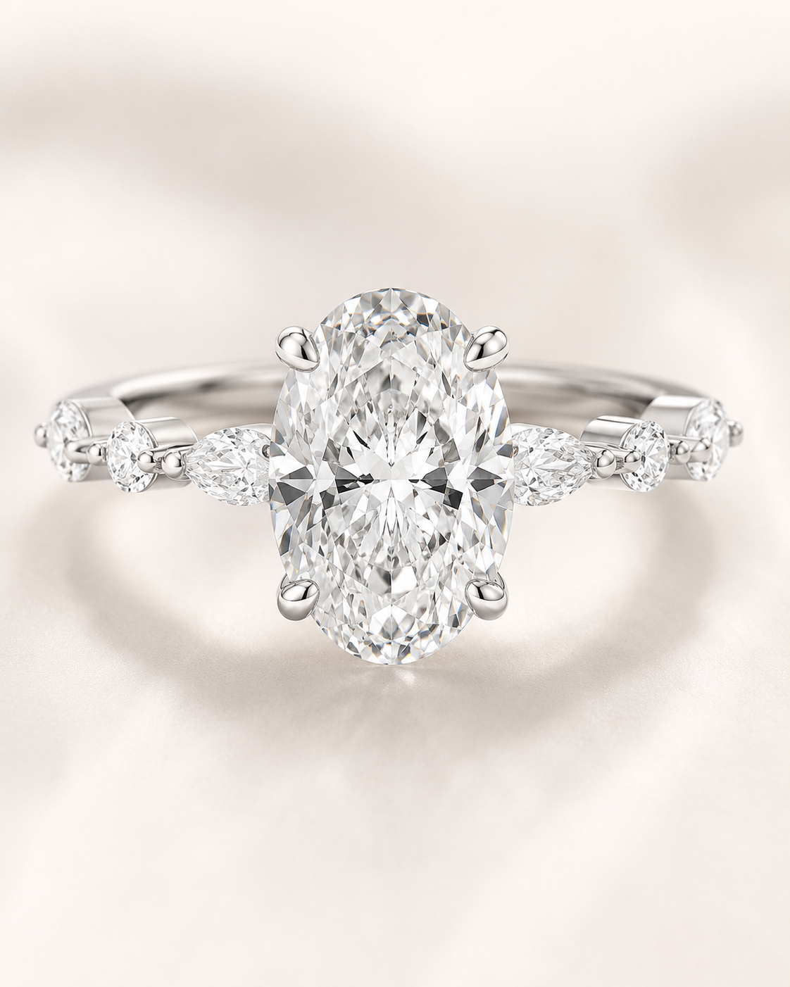 Elmivra Marquise Side Stone Oval lab-grown diamond ring in 18K White Gold closeup