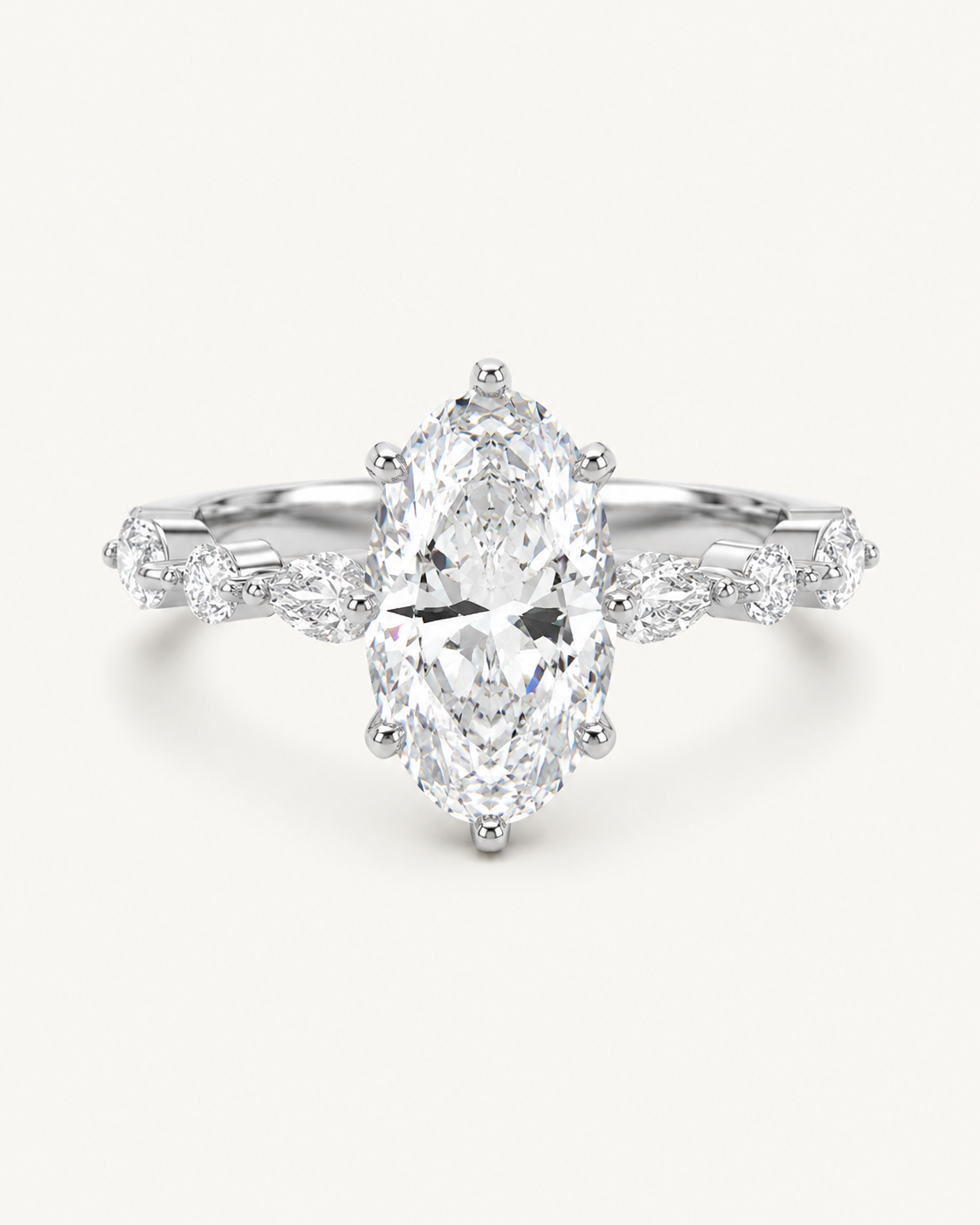 Elmivra Marquise Side Stone Oval lab-grown diamond ring in 18K White Gold front