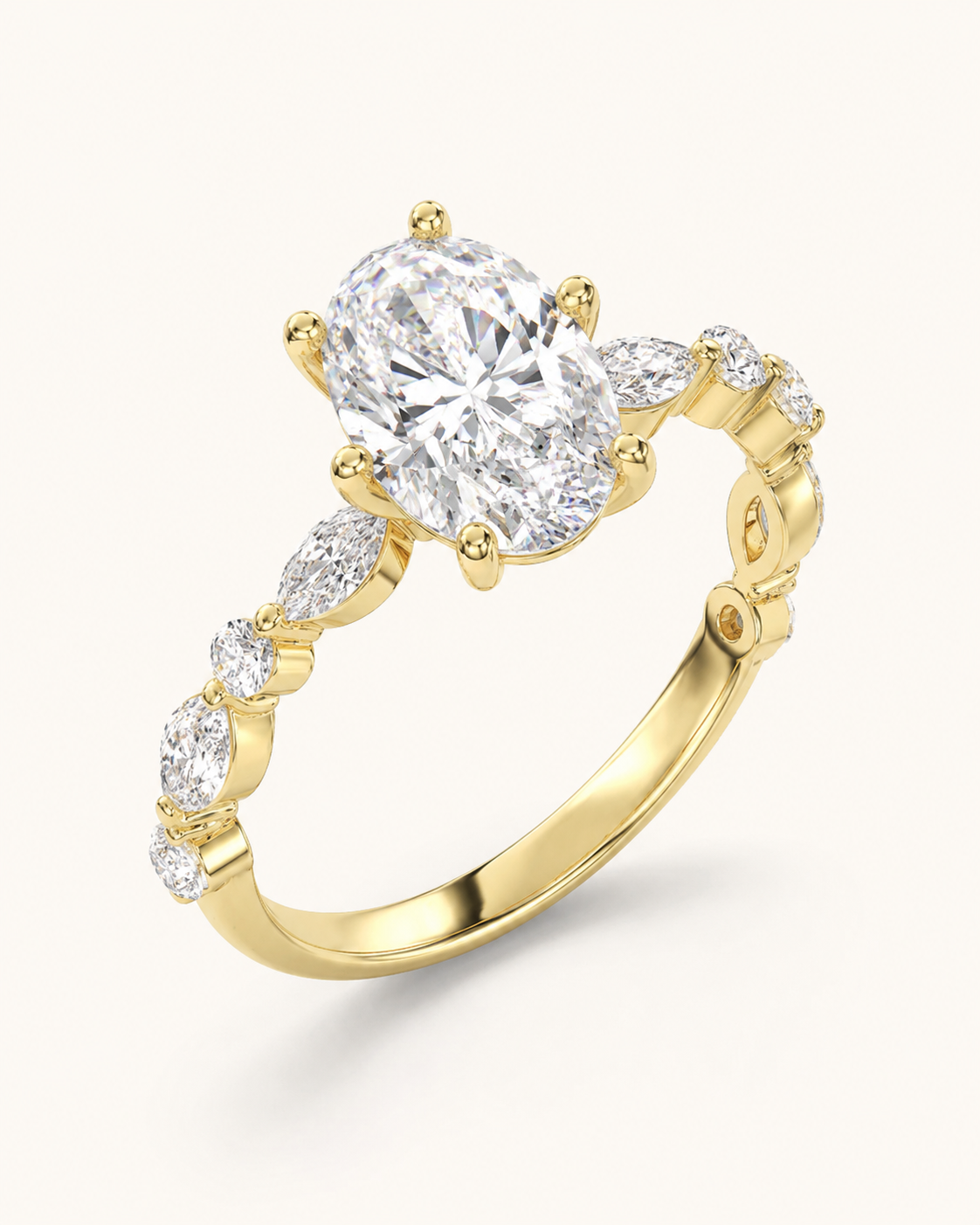 Elmivra Marquise Side Stone Oval lab-grown diamond ring in 18K Yellow Gold angle