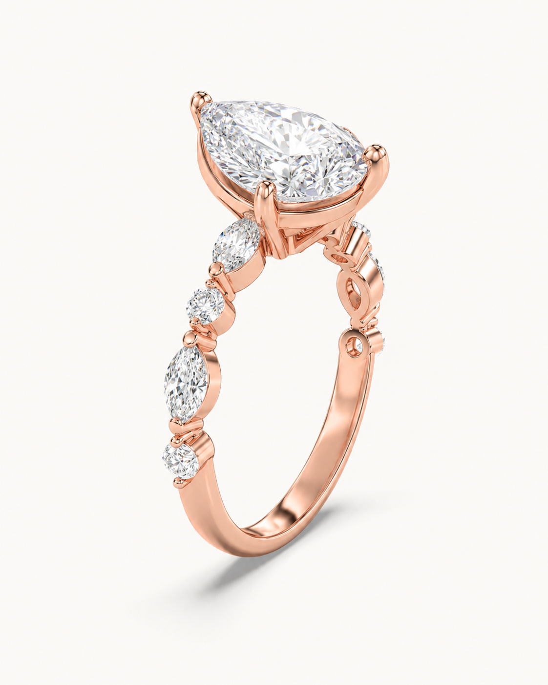 Elmivra Marquise Side Stone Pear lab-grown diamond ring in 18K Rose Gold angle