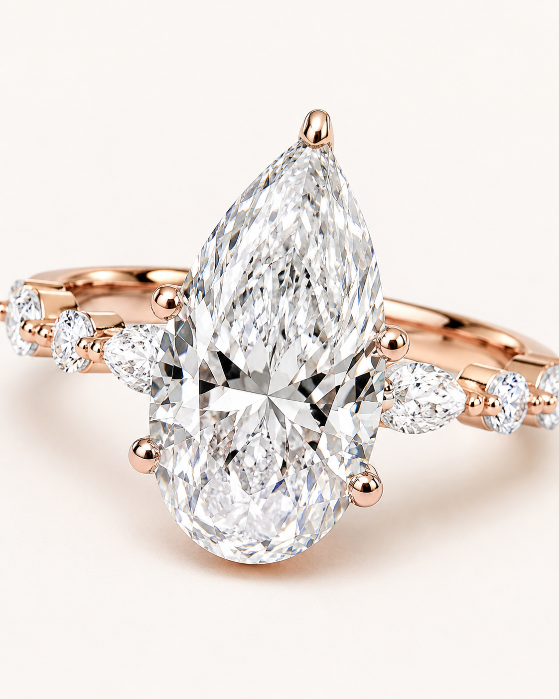 Elmivra Marquise Side Stone Pear lab-grown diamond ring in 18K Rose Gold closeup