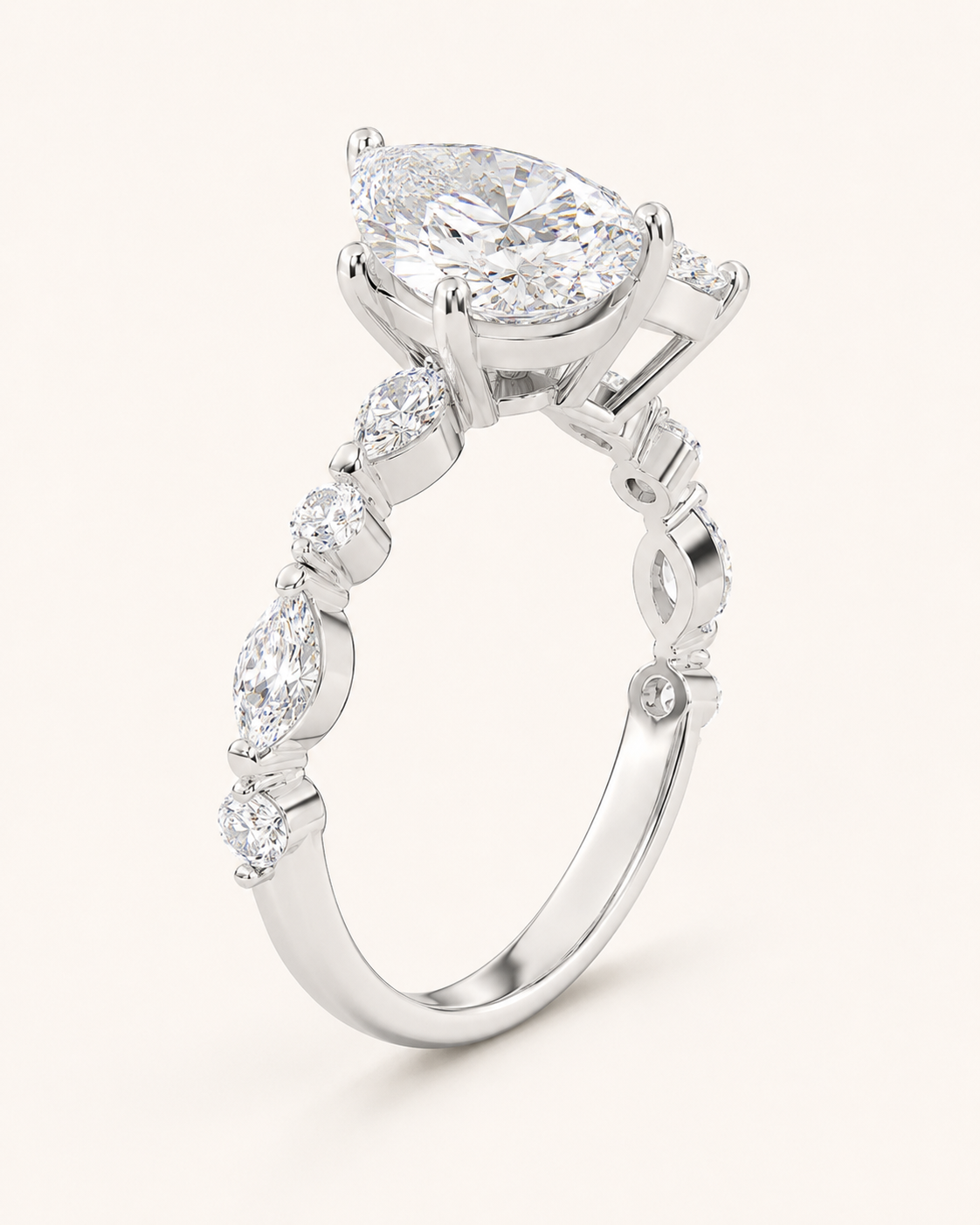 Elmivra Marquise Side Stone Pear lab-grown diamond ring in 18K White Gold angle