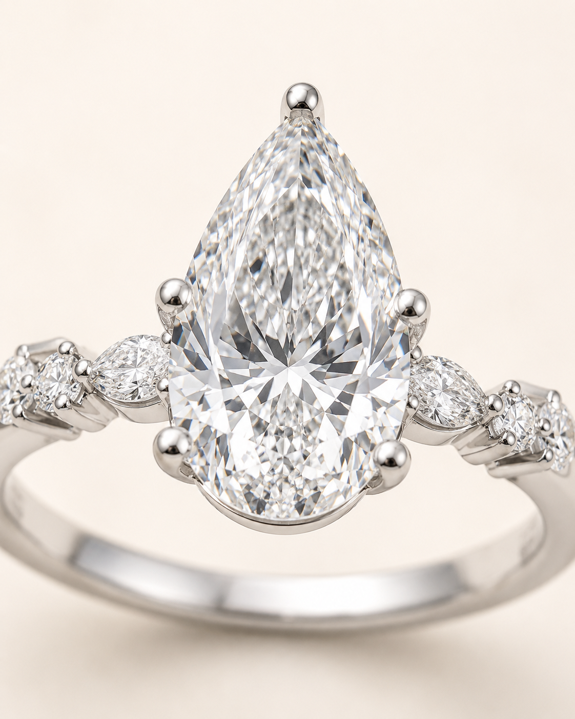 Elmivra Marquise Side Stone Pear lab-grown diamond ring in 18K White Gold closeup