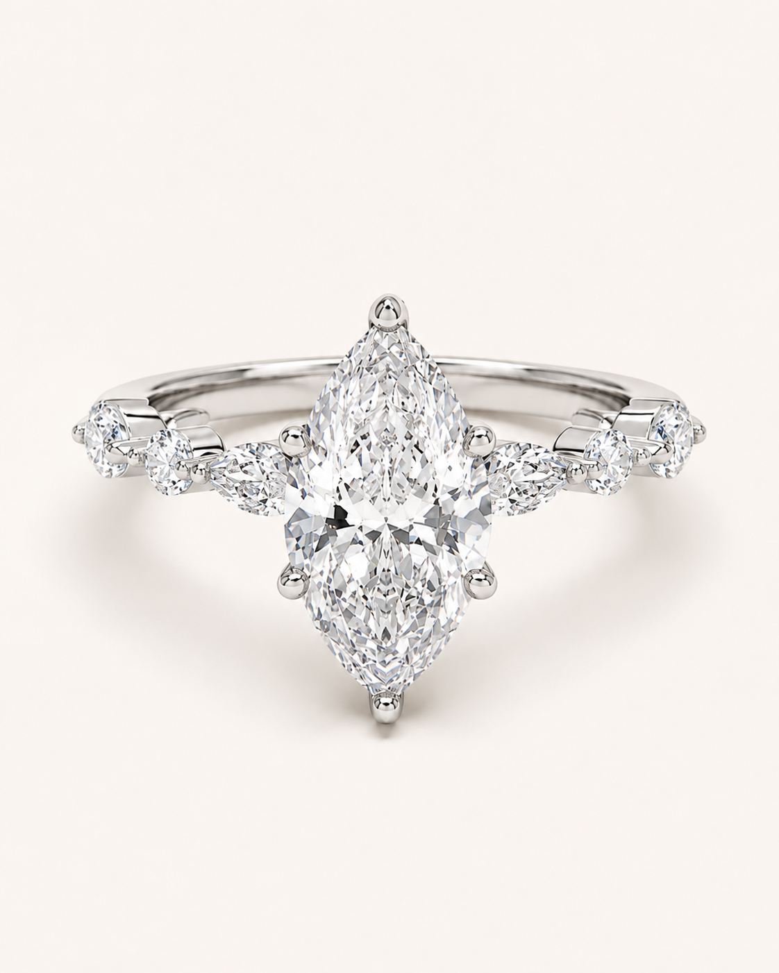 Elmivra Marquise Side Stone Pear lab-grown diamond ring in 18K White Gold front
