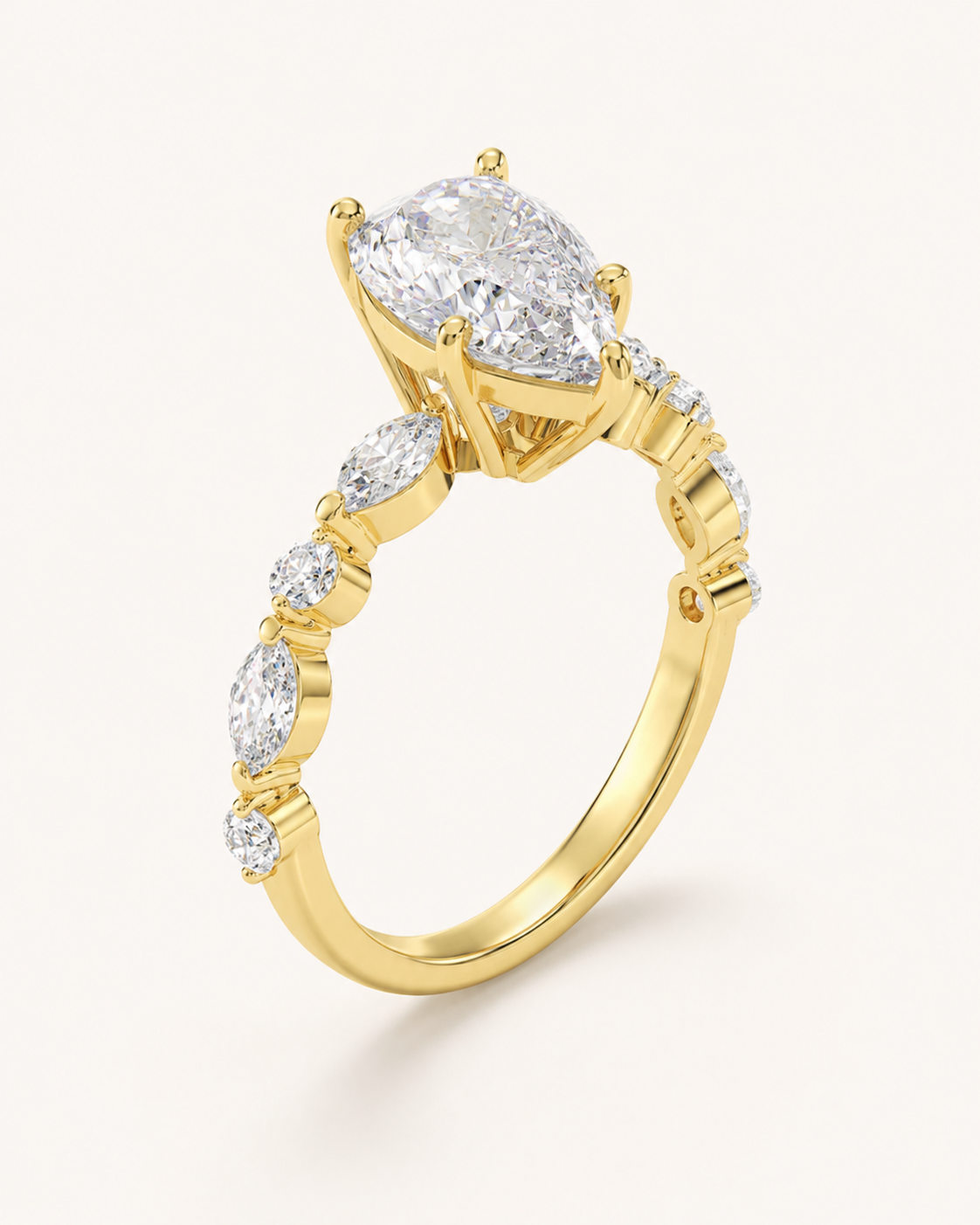 Elmivra Marquise Side Stone Pear lab-grown diamond ring in 18K Yellow Gold angle