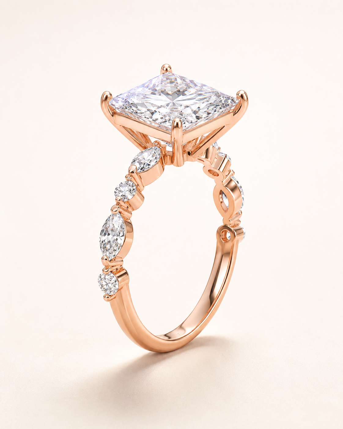 Elmivra Marquise Side Stone Princess lab-grown diamond ring in 18K Rose Gold angle