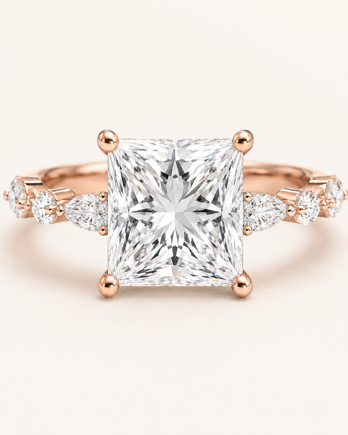 Elmivra Marquise Side Stone Princess lab-grown diamond ring in 18K Rose Gold closeup