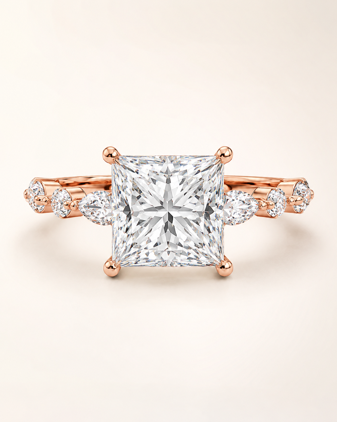 Elmivra Marquise Side Stone Princess lab-grown diamond ring in 18K Rose Gold front