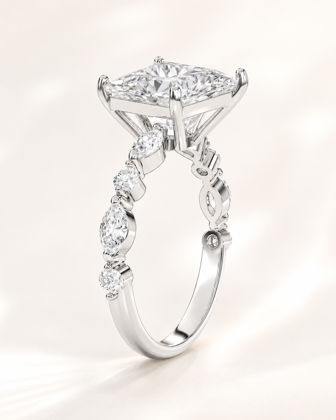 Elmivra Marquise Side Stone Princess lab-grown diamond ring in 18K White Gold angle