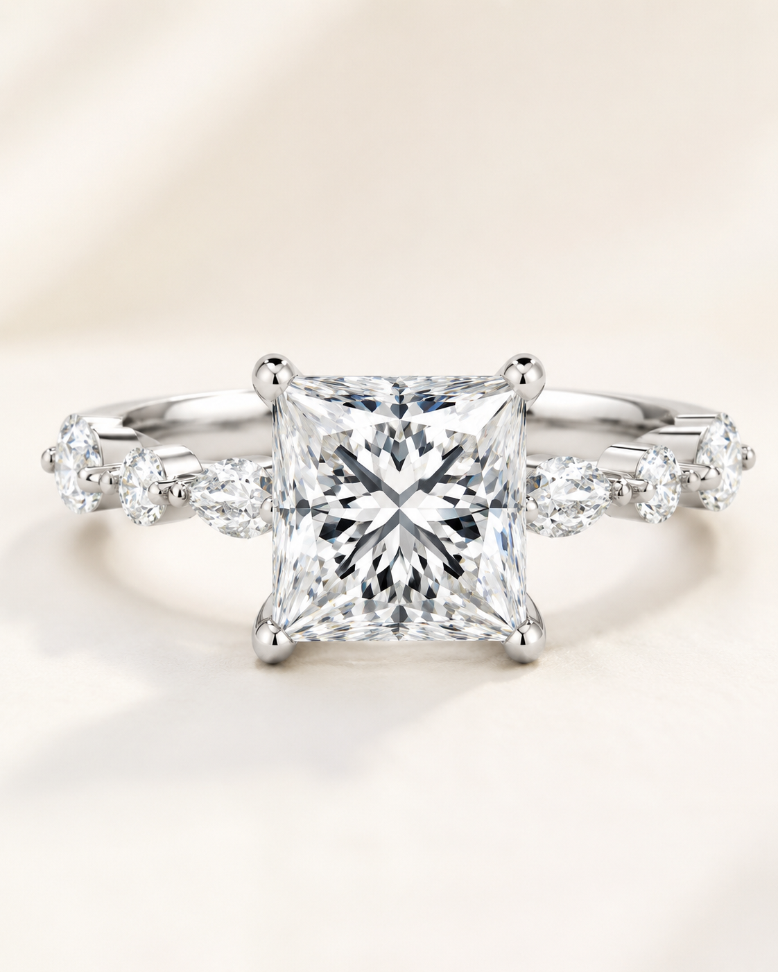 Elmivra Marquise Side Stone Princess lab-grown diamond ring in 18K White Gold closeup