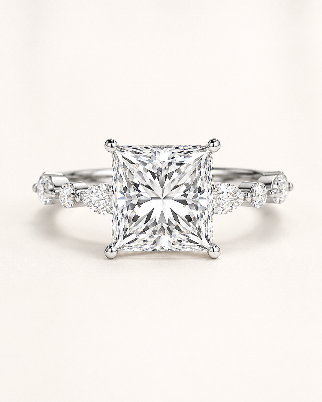 Elmivra Marquise Side Stone Princess lab-grown diamond ring in 18K White Gold front