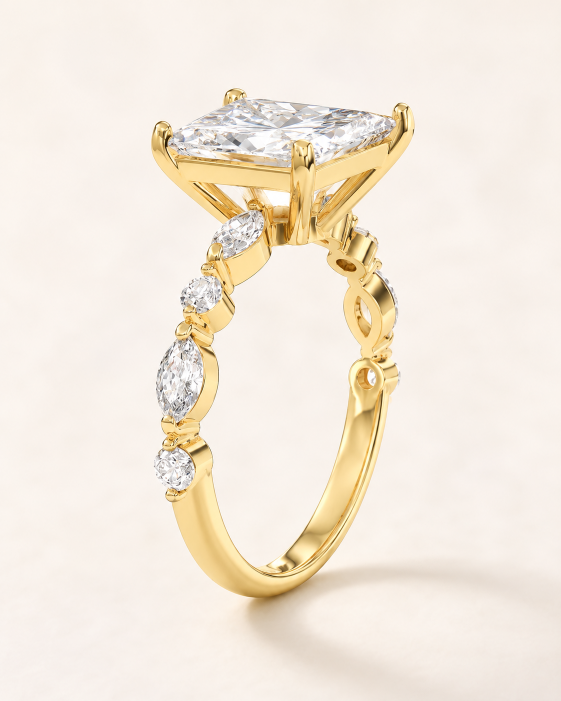 Elmivra Marquise Side Stone Princess lab-grown diamond ring in 18K Yellow Gold angle