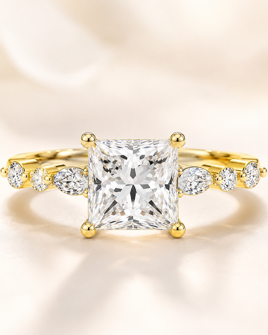 Elmivra Marquise Side Stone Princess lab-grown diamond ring in 18K Yellow Gold closeup