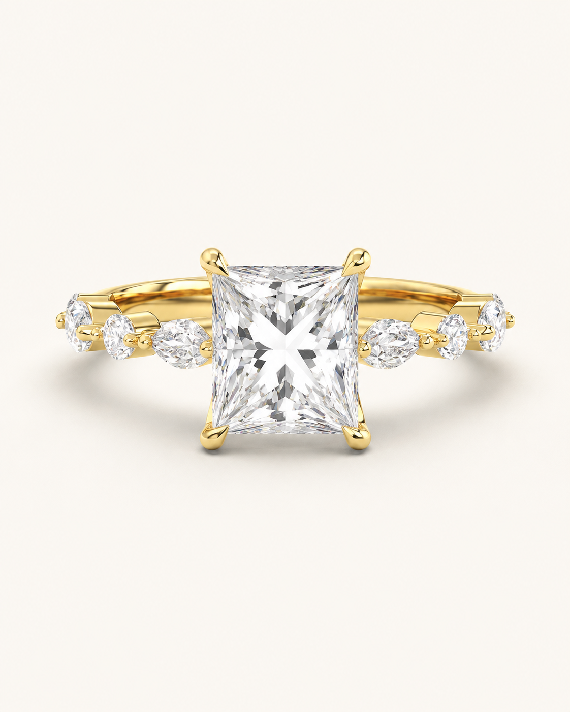 Elmivra Marquise Side Stone Princess lab-grown diamond ring in 18K Yellow Gold front