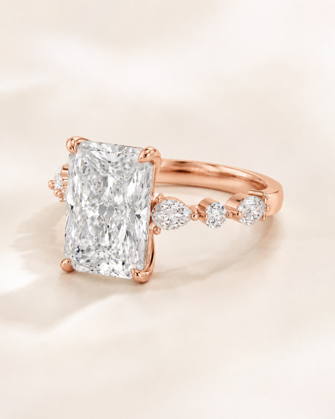 Elmivra Marquise Side Stone Radiant lab-grown diamond ring in 18K Rose Gold angle
