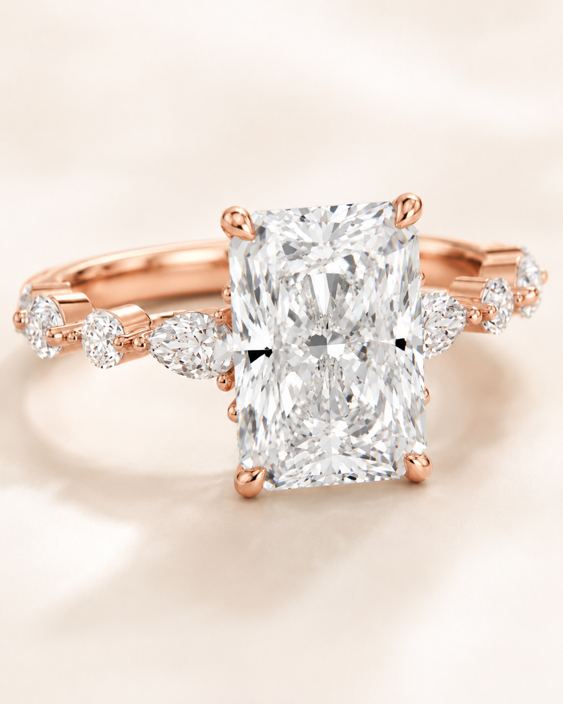 Elmivra Marquise Side Stone Radiant lab-grown diamond ring in 18K Rose Gold closeup