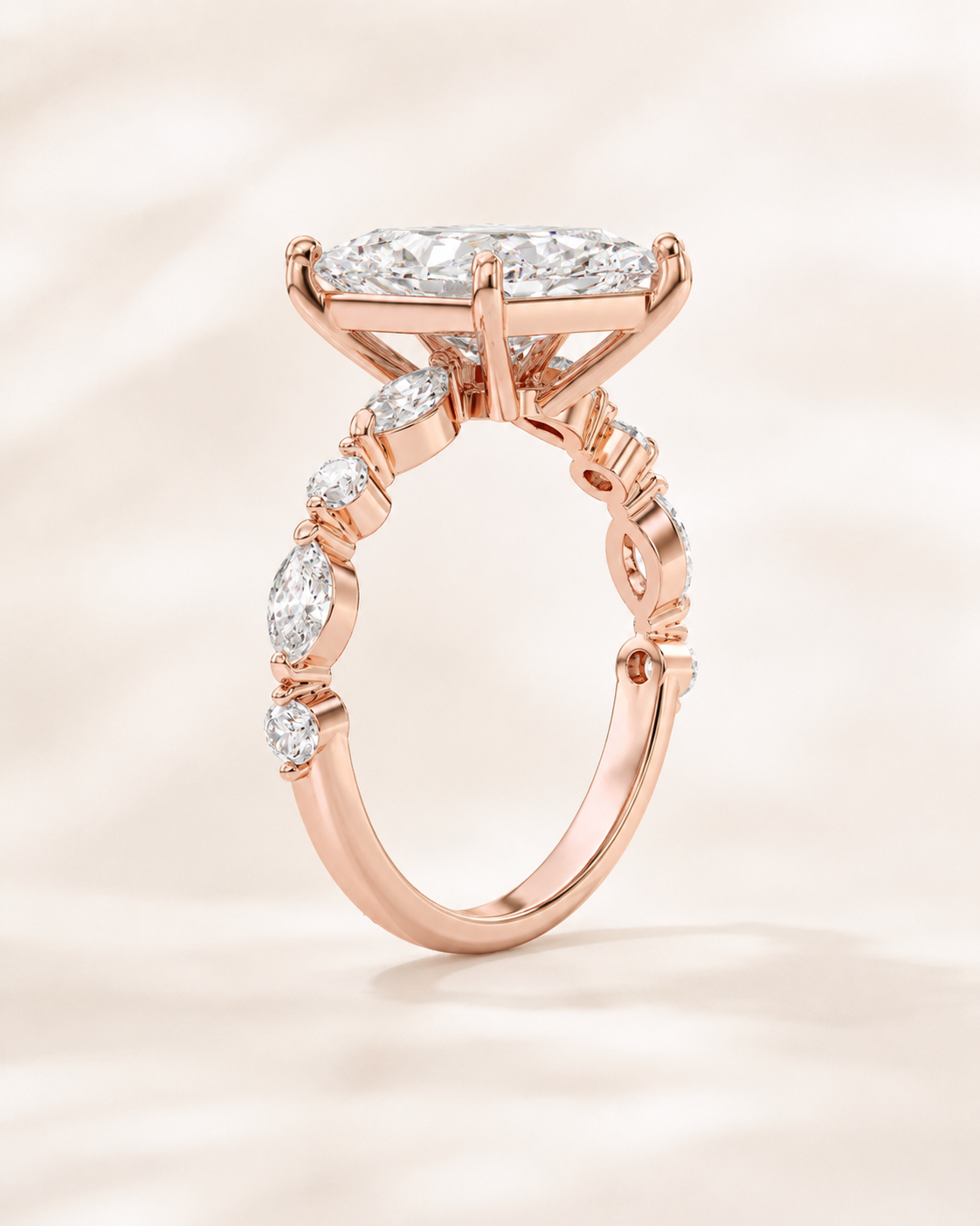 Elmivra Marquise Side Stone Radiant lab-grown diamond ring in 18K Rose Gold side